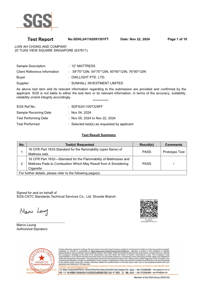 SGS Fire Test certificate preview